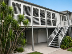 white plantation shutters enclosing outdoor veranda 