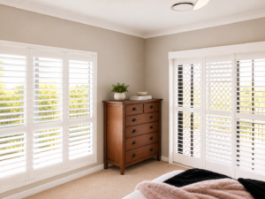 White plantation shutters on window an sliding door on master bedroom 