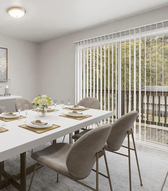 White Vertical blind behind dinning room table with table settings modern clean looking