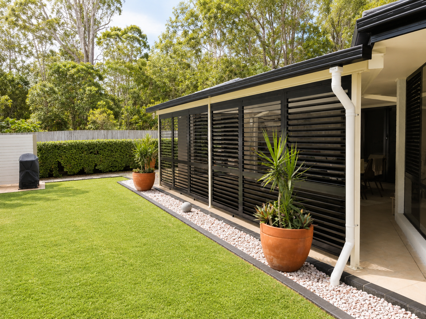 Black aluminium plantation shutters exterior 