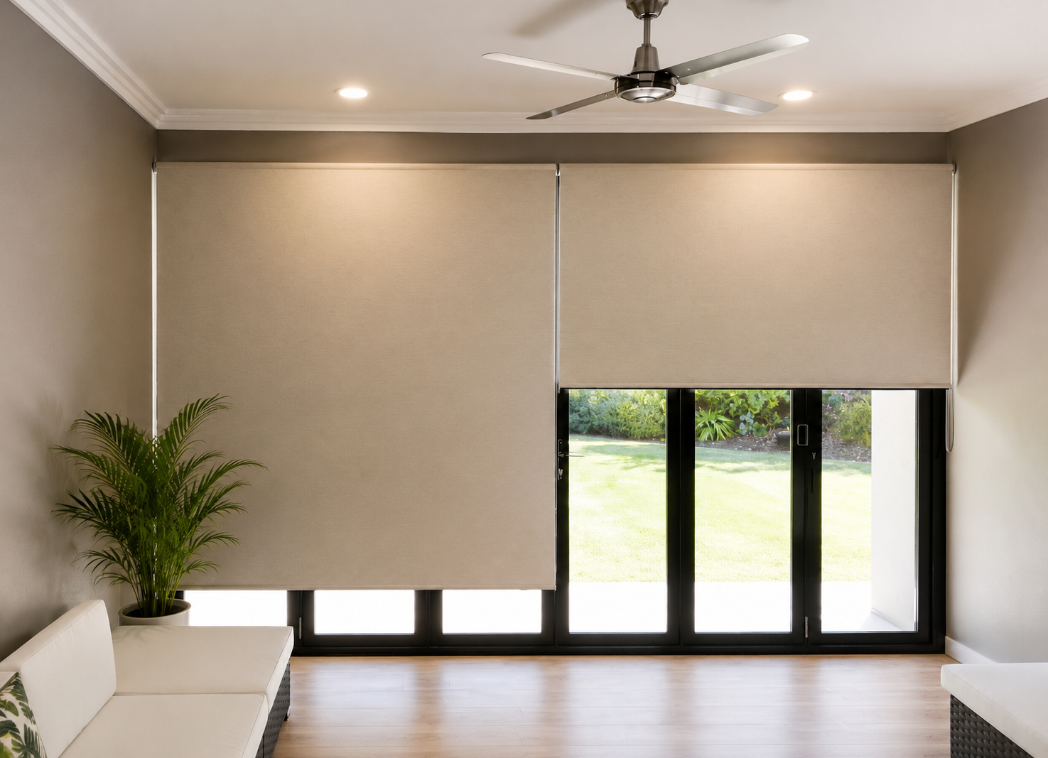 2 Block fabric roller blinds side by side