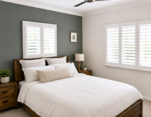 Bedroom with white plantation shutters  nicely set cushions on bed
