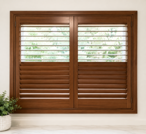 Stained timber plantation shutters for interior window