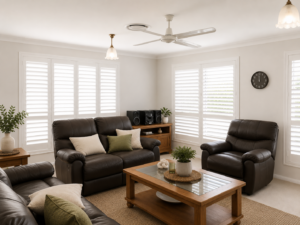 White plantation shutters in nice living room 