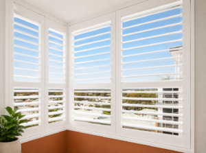 outdoor corner balcony plantation shutters high unit view 