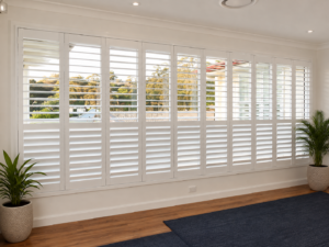 Bi-folding white plantation shutters over wide window