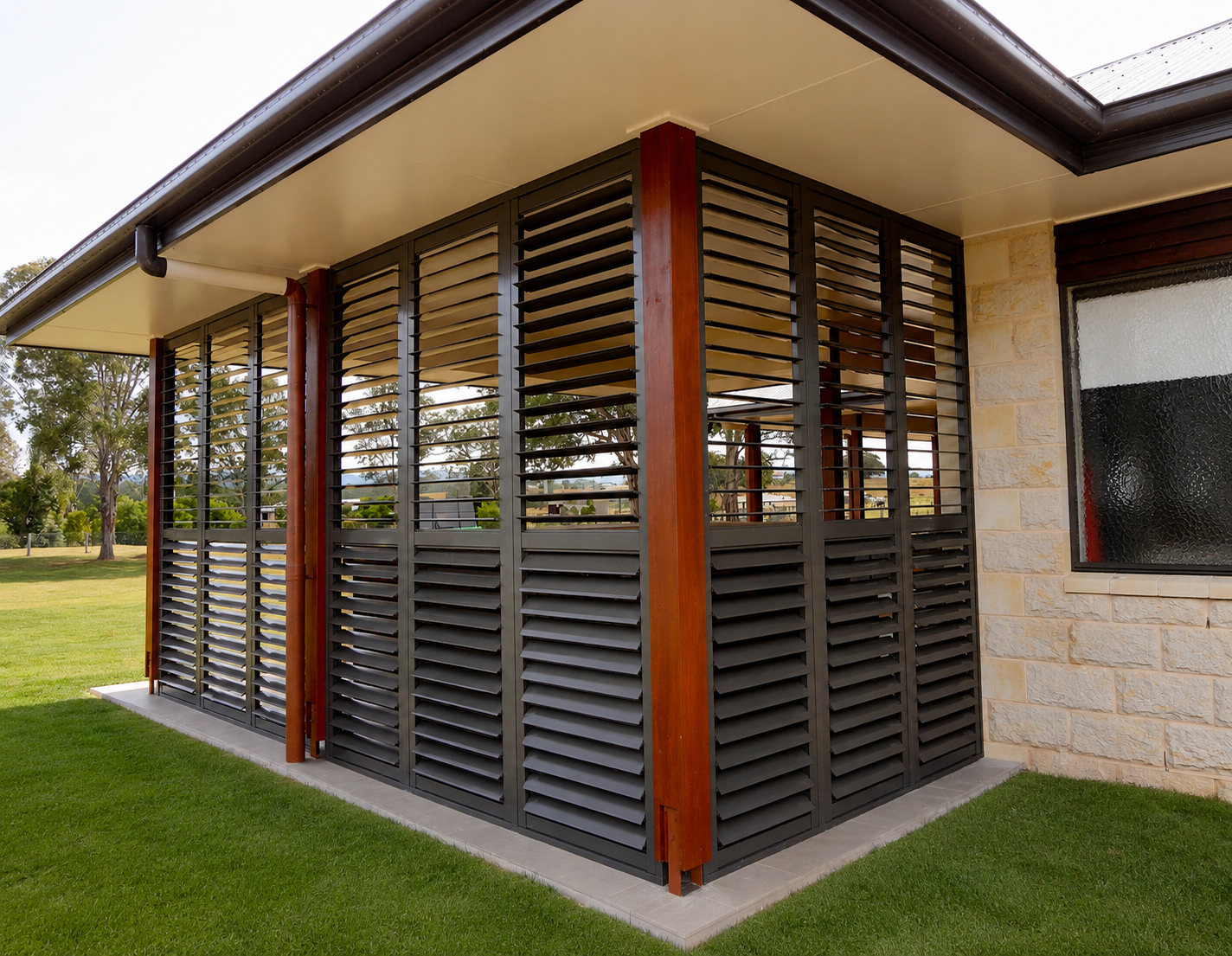 Exterior Aluiminium  plantation shutters monument colour with wooden post between panels