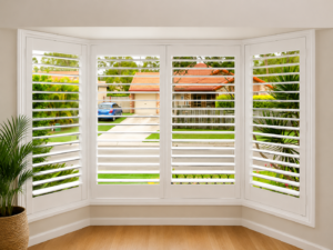 White plantation shutters with light wooden flor looking onto street view 