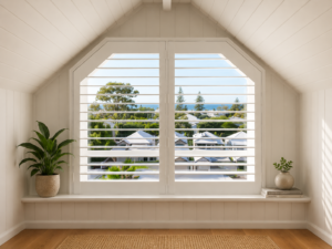 Shaped white plantation shutters looking onto see view above house roofs 